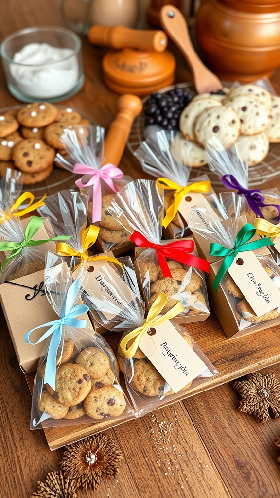 An assortment of packaged cookies in clear bags and cardboard boxes on a wooden table, decorated with ribbons and tags.